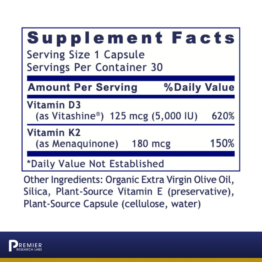 Premier Research Labs Vitamin D3+K2 - Supports Bone & Heart Health - Vegan, Gluten-Free - 30 Plant-Source Capsules