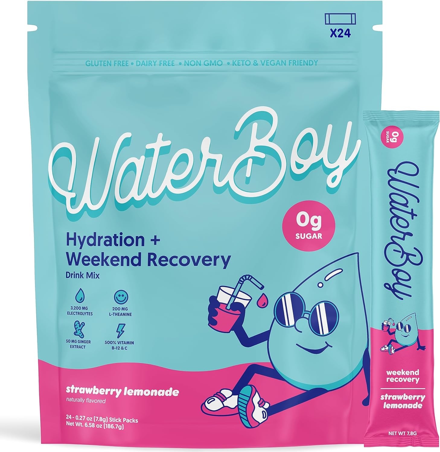 Waterboy Weekend Recovery | 3,200Mg Electrolyte Powder Packets | Ginger + L-Theanine + Vitamins | No Sugar, All Natural, Gluten Free | 24 Drink Stick Mixes (Strawberry Lemonade)