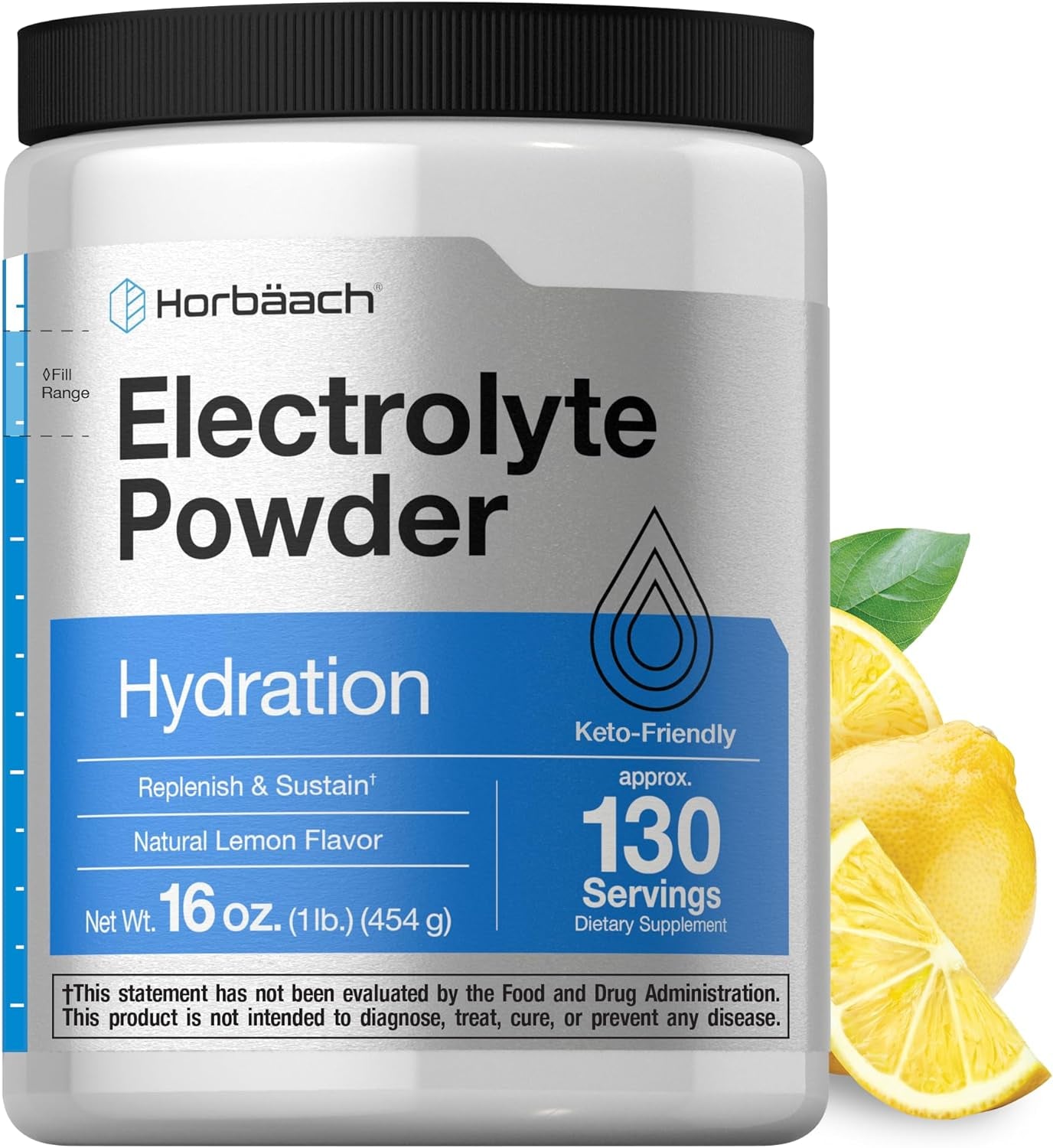 Electrolytes Powder | 16 Oz | 130 Servings | Hydration Supplement | Vegetarian | Keto-Friendly | Non-Gmo, Gluten Free Formula | Natural Lemon Flavor | by Horbaach