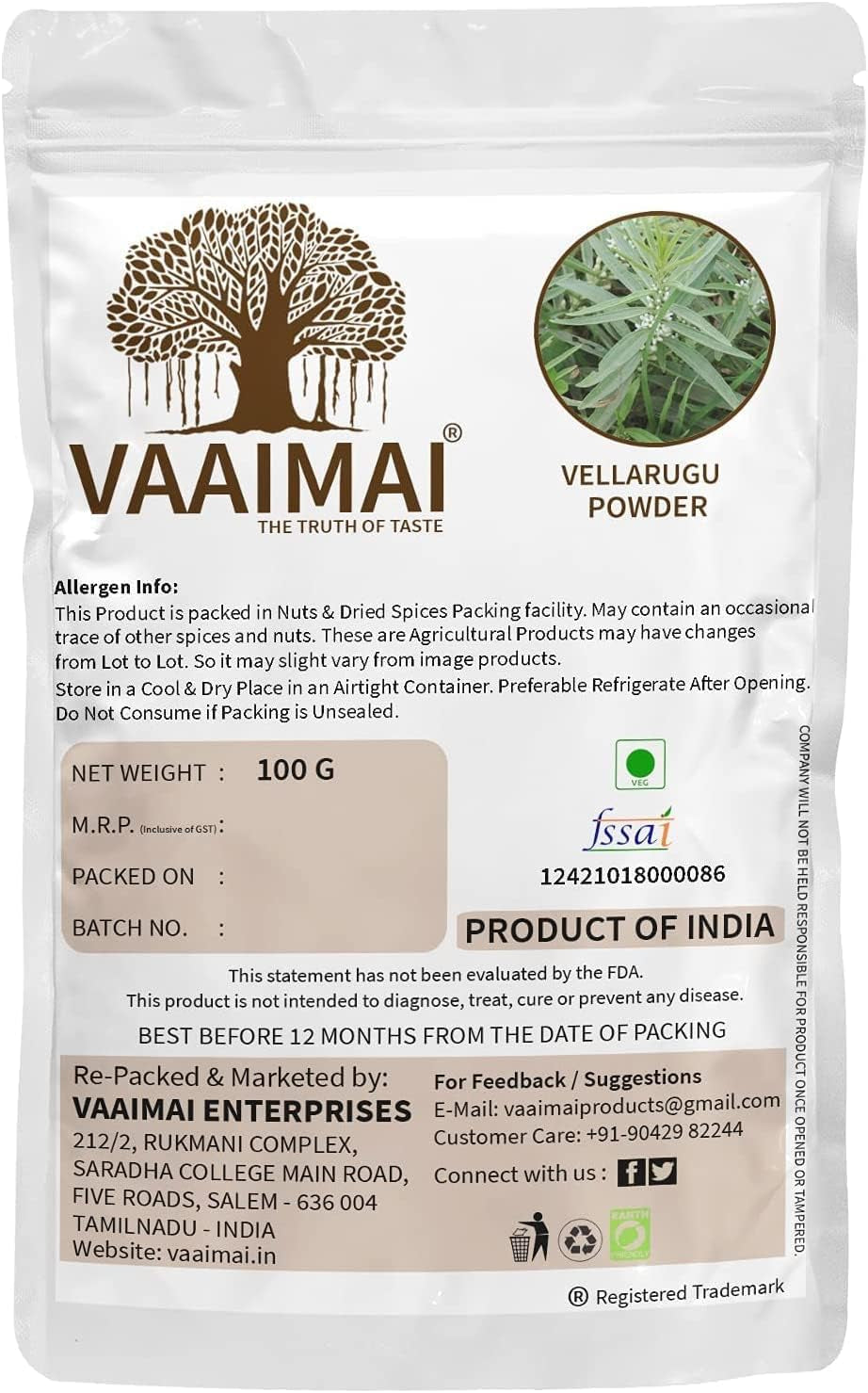 CROW VAAIMAI Vellarugu Powder/Enicostema Axillare, 100G