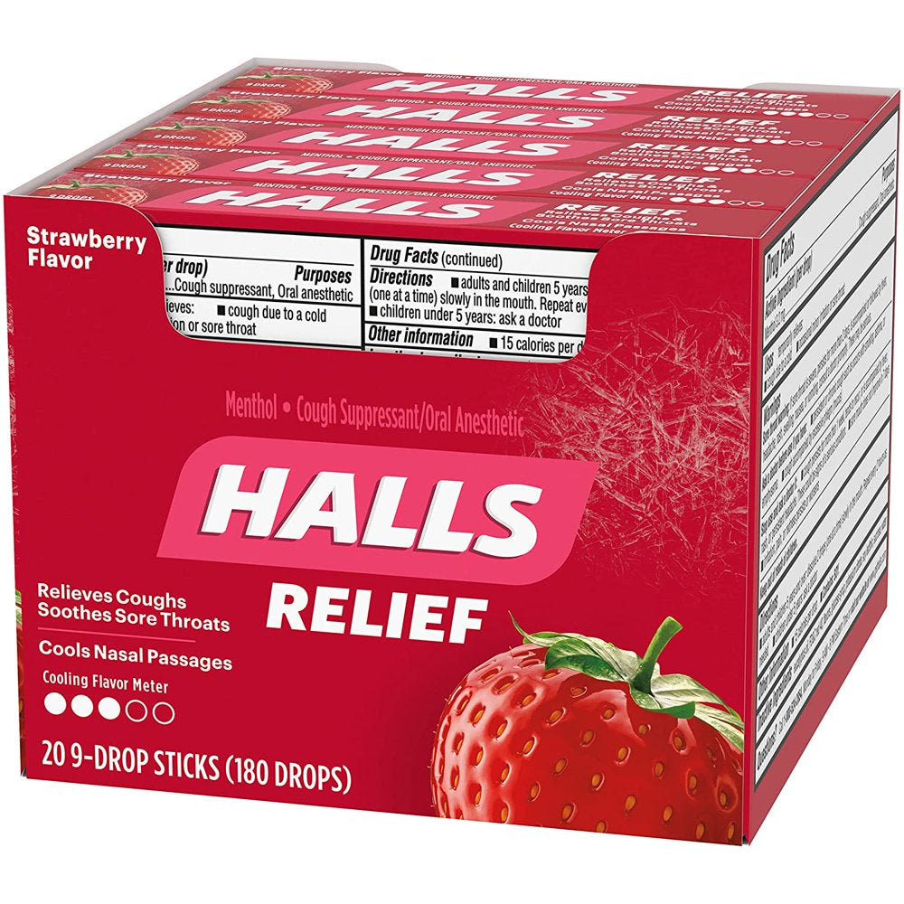 HALLS Relief Strawberry Menthol Flavor, 20 Packs of 9 Drops (180 Total Drops)