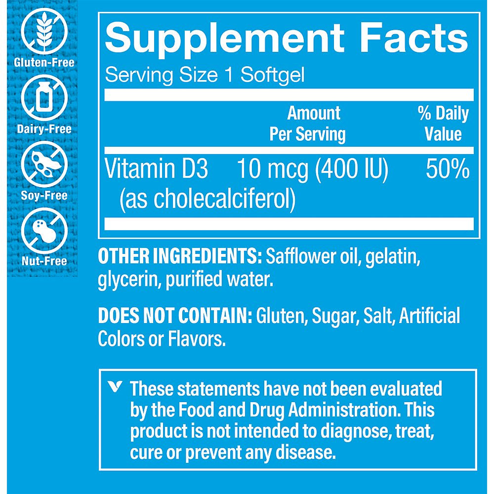 The Vitamin Shoppe Vitamin D3 400IU Softgel, Supports Bone & Immune Health, Aids in Cellular Growth & Calcium Absorption, Gluten Free & Once Daily Formula (100 Softgels)