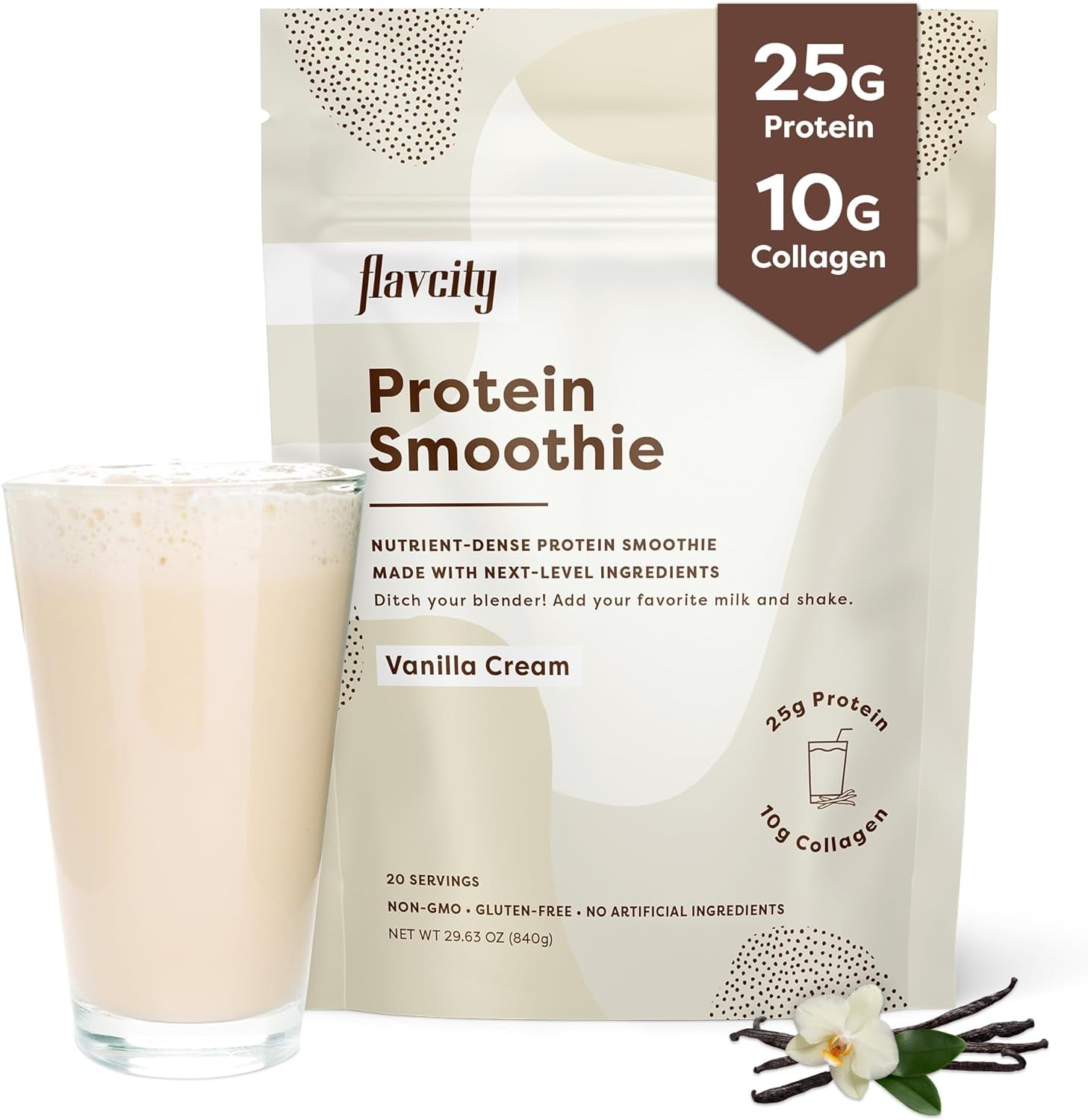 Flavcity Protein Powder Smoothie, Vanilla - 100% Grass-Fed Whey Protein Smoothie with Collagen (25G of Protein) - Gluten Free & No Added Sugars (29.63 Oz)