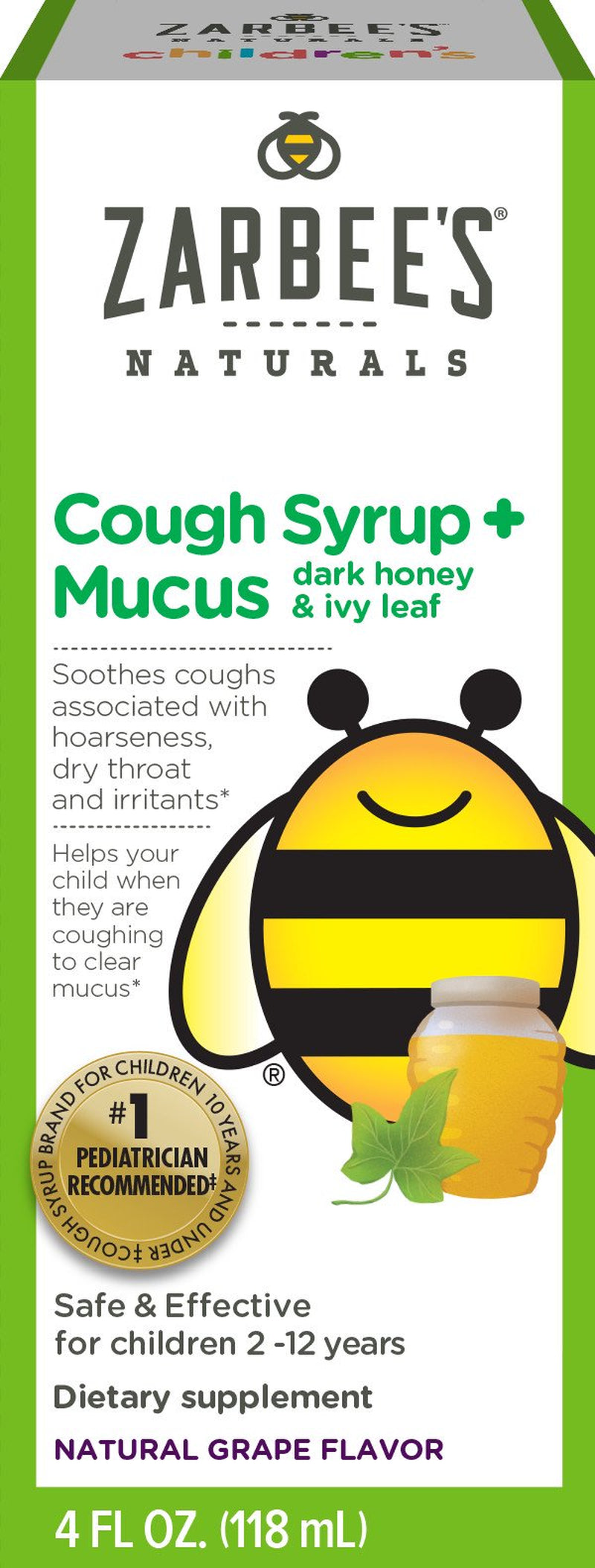 Zarbee'S Naturals Children'S Cough Syrup + Mucus with Dark Honey, Grape, 4 Fl Oz