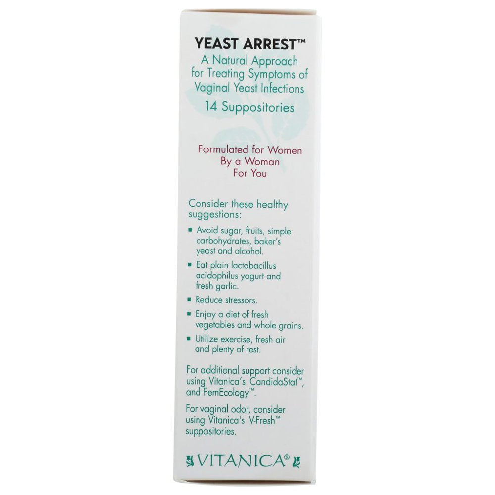 Vitanica Yeast Arrest, Homeopathic Vaginal Suppositories, for Yeast Infection Symptoms, Relieves Burning, Itching & Discharge, with Boric Acid, Tea Tree Oil & Probiotics, Vegan (Yeast Arrest, 14)