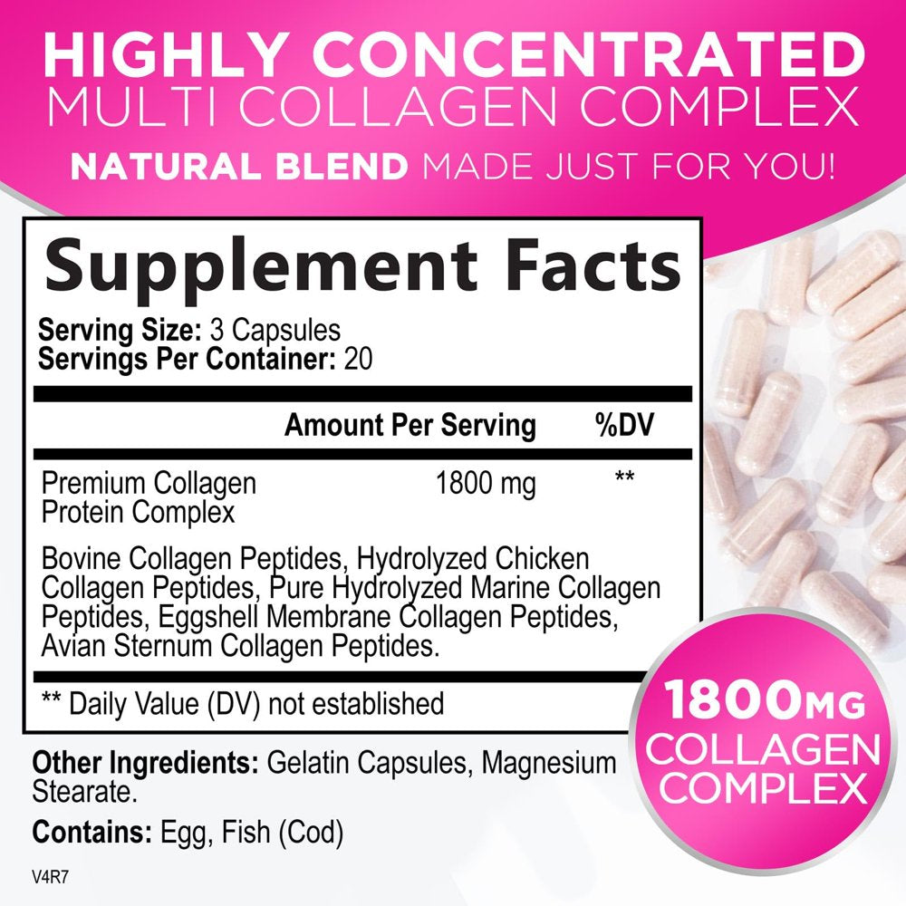 Multi Collagen Peptides, Hydrolyzed Collagen Protein for High Absorption, Type I, II, III, V, X Gluten Free, Radiant Hair, Skin, Nails & Joint Support, Collagen Pills Supplement Non-Gmo - 60 Capsules