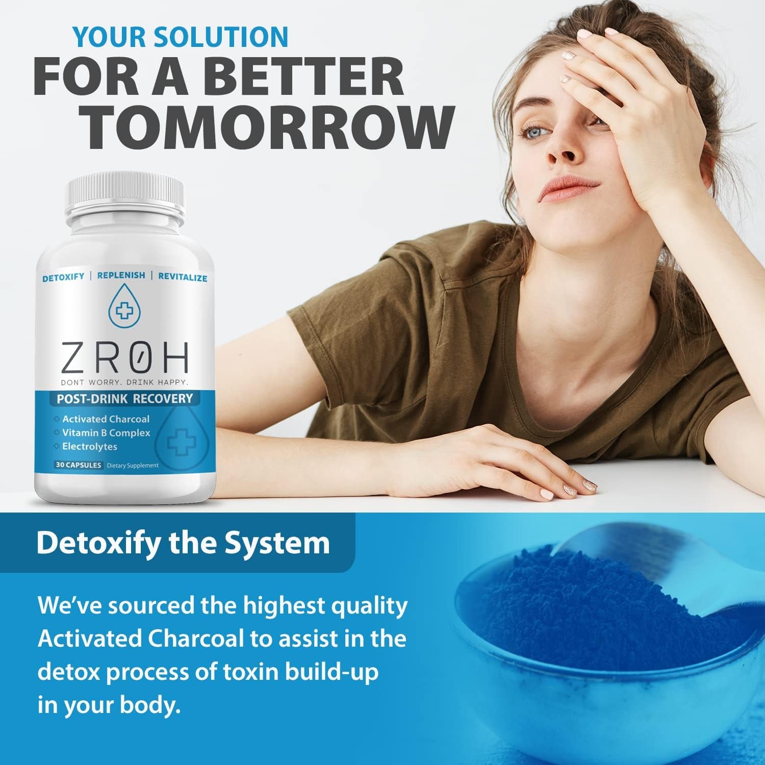 ZR0H - Post-Drink Recovery (30Ct) - Detoxify, Revitalize, & Replenish - Activated Charcoal, Vitamin B Complex, Electrolytes