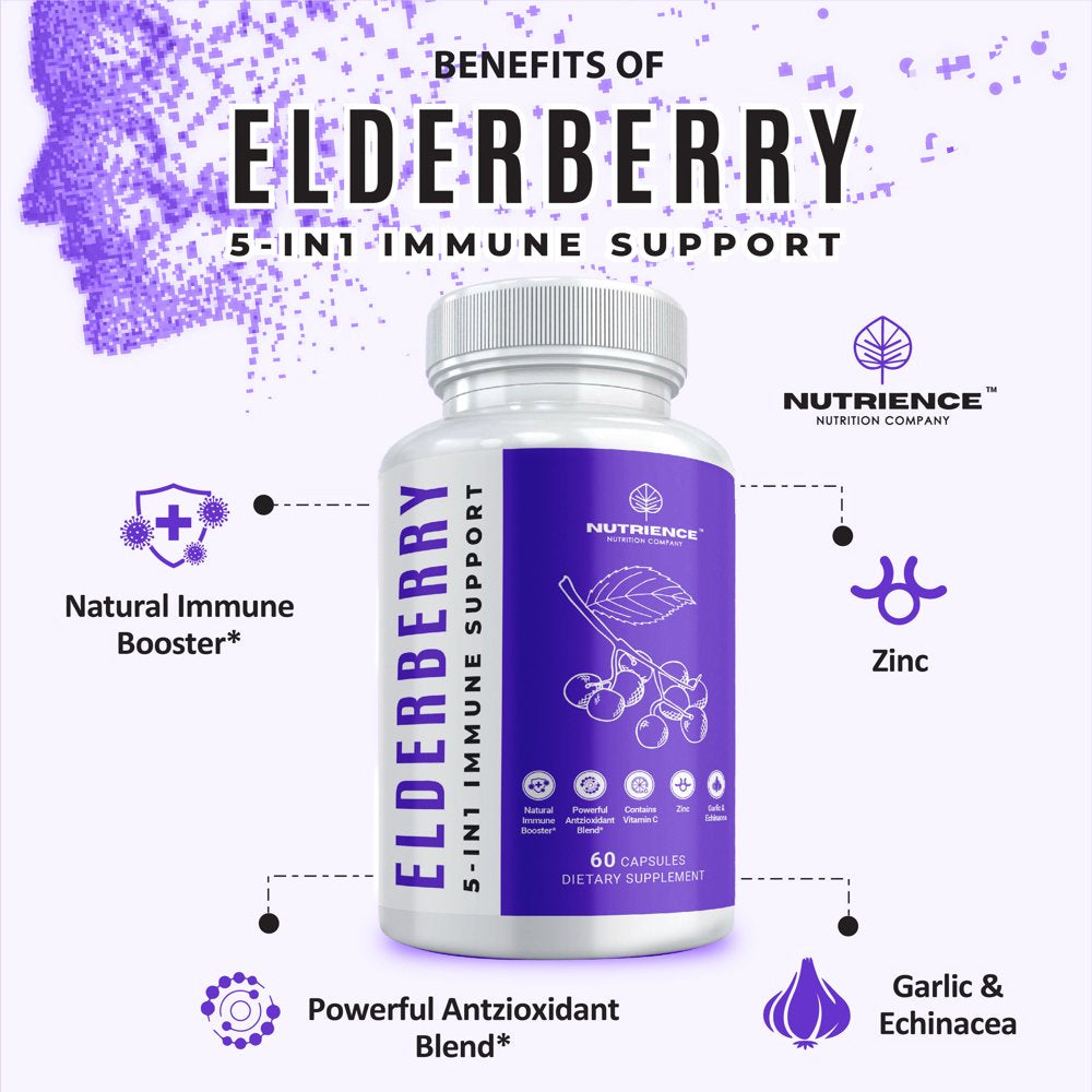 Elderberry Capsules Premium Immune Support Formula with Vitamin C and Zinc - All-Day Immune System Booster for Men and Women - 60 Capsules