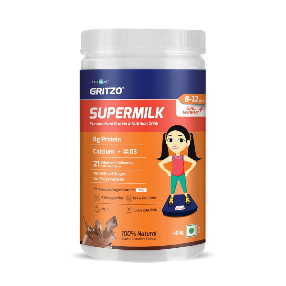 Gritzo Supermilk Weight+ for 8-12 Y Girls, Health Drink & Kids Nutrition, High Protein (8 G), with Calcium, Vitamin D3, & 21 Nutrients, Zero Refined Sugar, 100% Natural Double Chocolate Flavour, 400 G