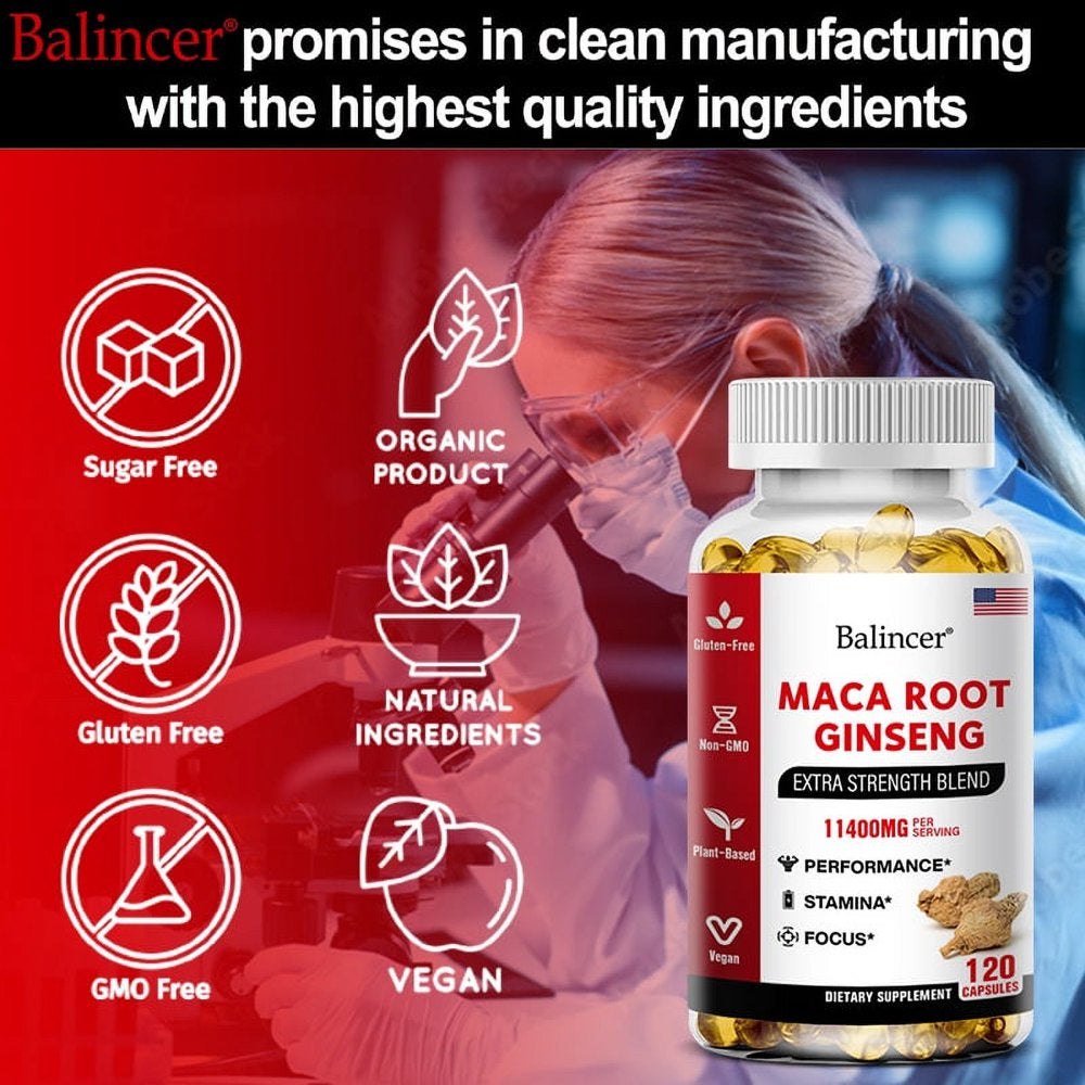 Bcuelov - Maca Root Capsules 10,000 Mg + Korean Ginseng 1,400 Mg - Black + Red + Yellow Maca Root, 10X Concentrated Extract Ginseng Capsules - Ultra Potency and High Purity