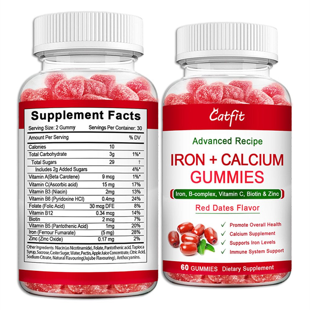 Catfit Red Dates Flavor Iron + Calcium Gummies Supplement with Vitaminc - Immune & Energy Support - 60 Gummies