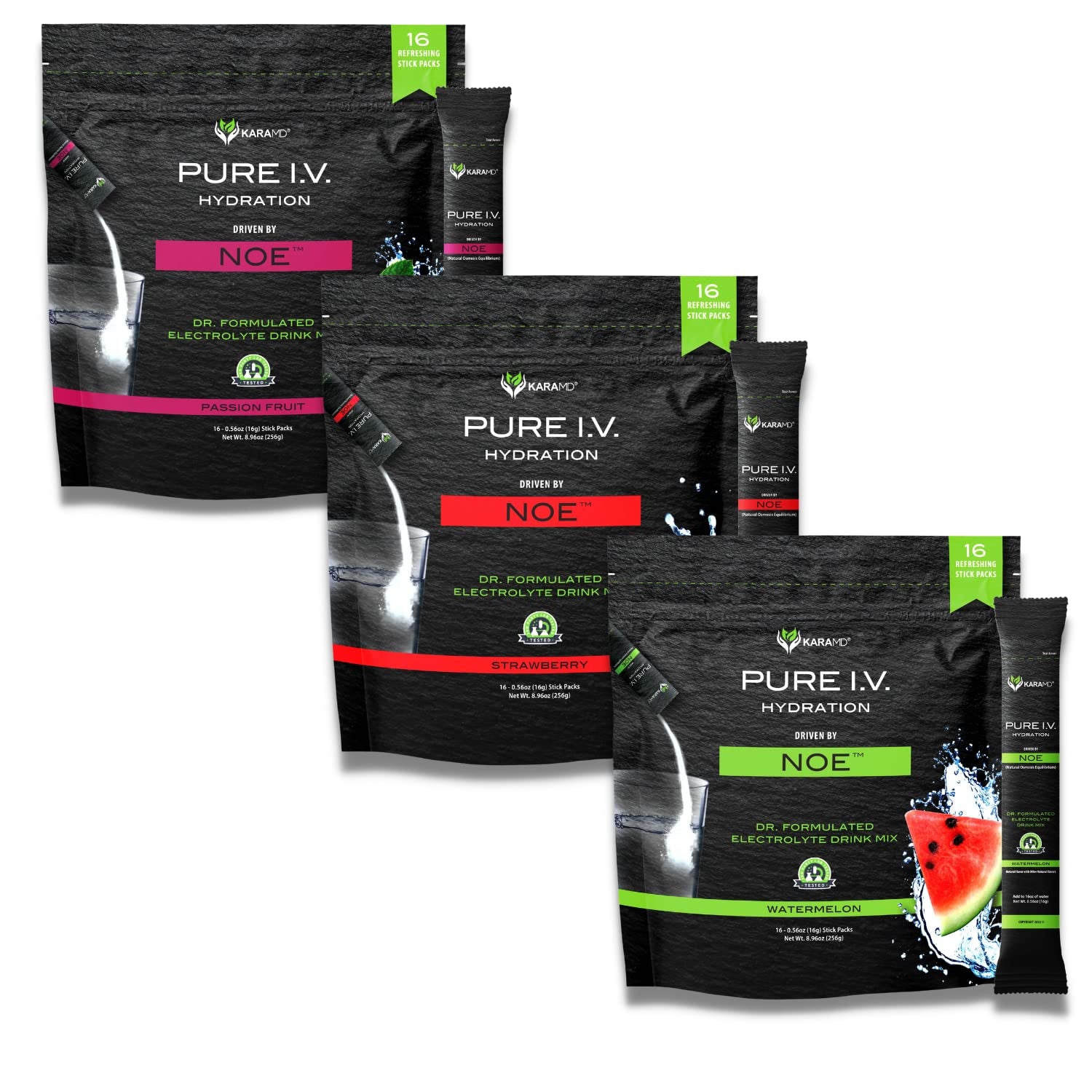 Karamd Pure I.V. - Electrolyte Powder Drink Mix 3 Flavor Bundle – Refreshing & Delicious Hydrating Packets with Vitamins & Minerals – 1 Passion Fruit - 1 Strawberry - 1 Watermelon Bag (48 Sticks)