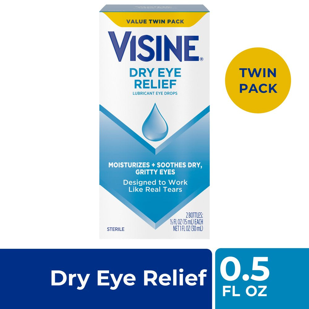 Visine Dry Eye Relief Lubricating Eye Drops, Twin Pack, 2 X 0.5 Fl. Oz