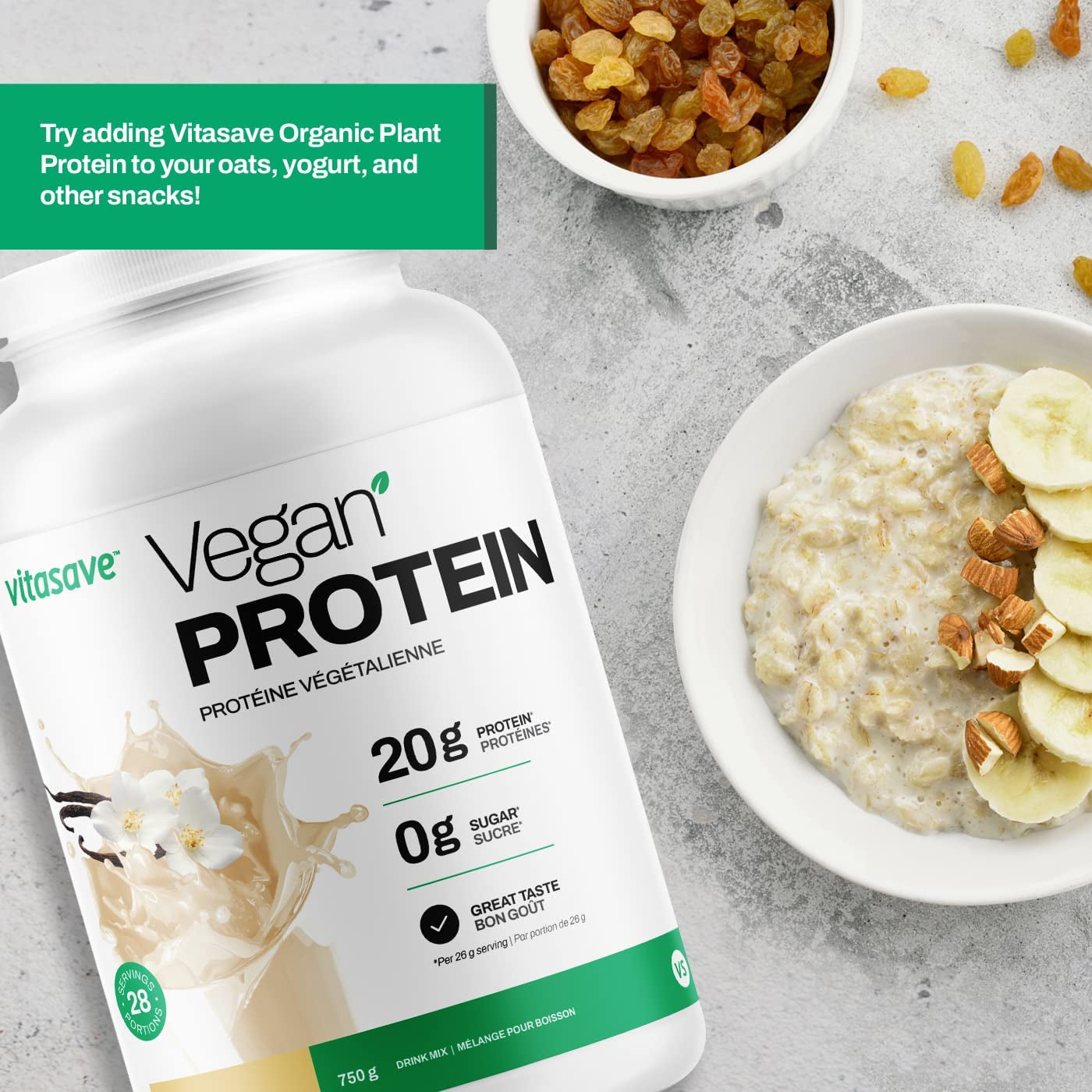 Vitasave Vegan Protein Powder - Natural Vanilla Flavour, 20G Plant Based Protein, 28 Servings, 750G Tub, Soy Free, Gluten Free, Dairy Free and Sugar Free