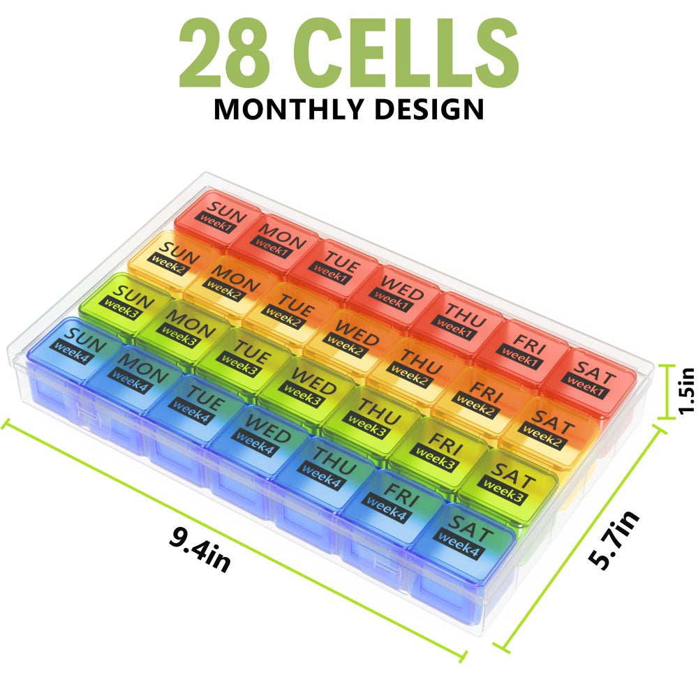 Zzteck Monthly Pill Organizer for 4 Weeks Portable, Travel Daily Medicine Container for Vitamins, Fish Oils, Supplements, Medication 1 Time a Day, XL Compartments (Rainbow)