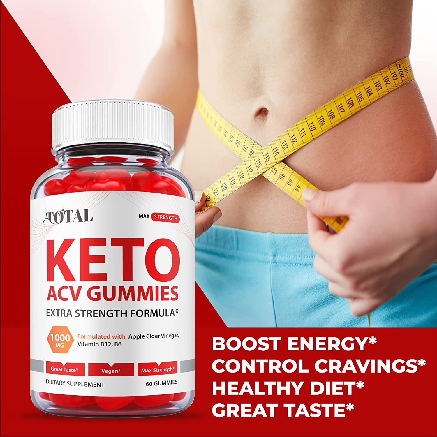 Total Keto Gummies - Official Formula, Vegan - Total Keto ACV Gummies, Total ACV Gummies with Apple Cider Vinegar Gummies, Total Keto Gummy, Vitamin B12, B6, Beet Root Juice, Pomegranate (60 Gummies)