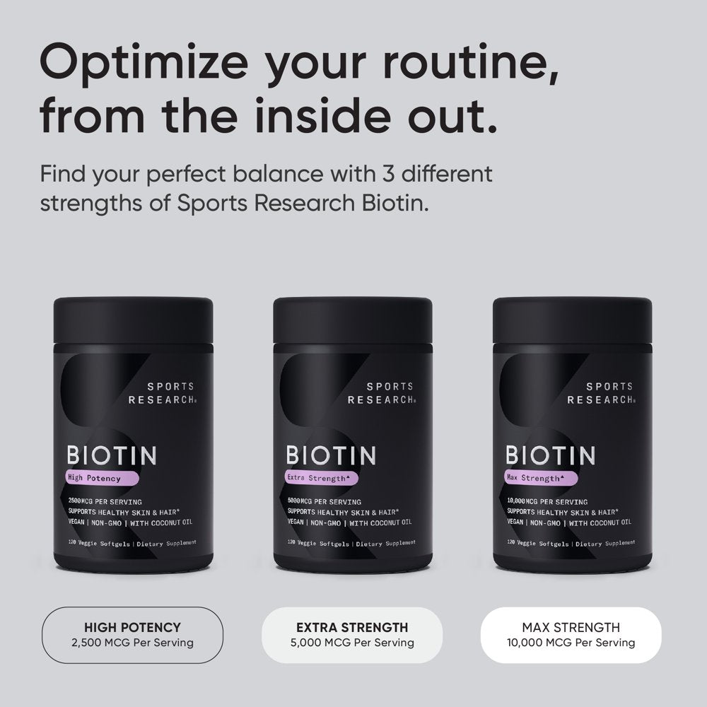 Sports Research Biotin 5,000 Mcg with Coconut Oil, 120 Veggie Softgels