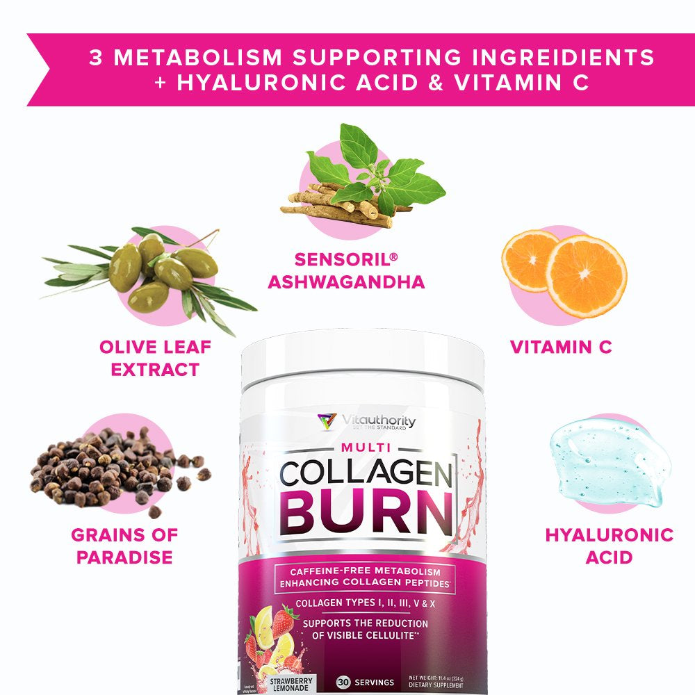Collagen for Weight Loss Powder - Vitauthority Multi Collagen Burn with Hyaluronic Acid, Vitamin C, Proprietary Metabolism Support Blend & Cellulite Control Matrix - 30 Servings, Strawberry Lemonade