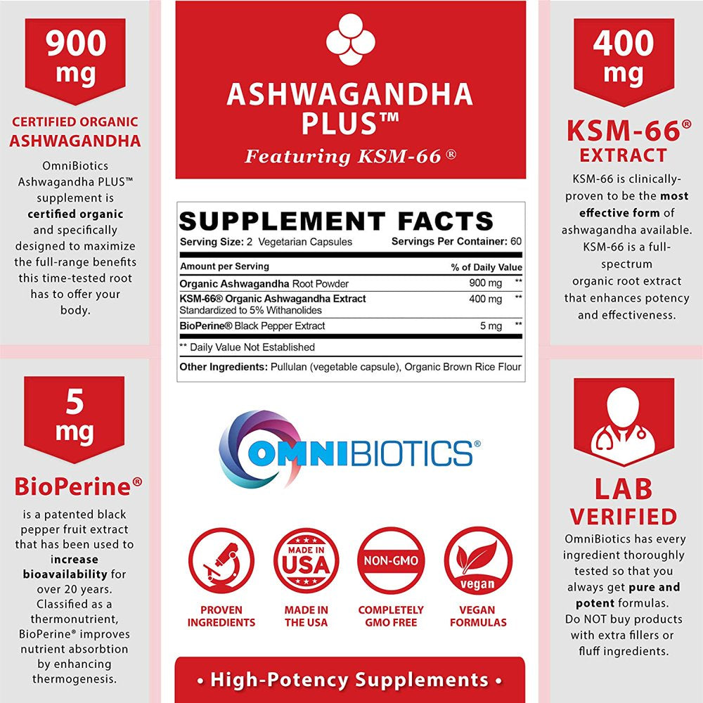 Organic Ashwagandha Supplement 1300 Mg with KSM-66 Extract by Omnibiotics - 120 Vegan Capsules