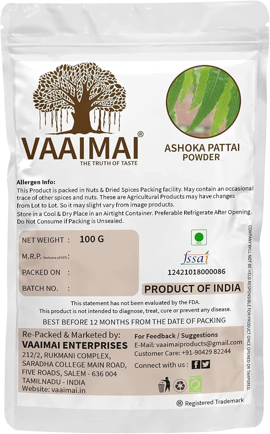 CROW VAAIMAI Ashoka Pattai Powder/Saraca Asoca, 100G