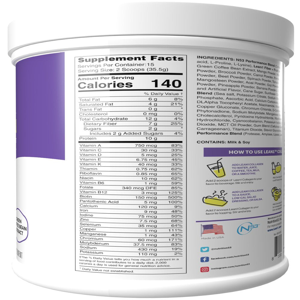 Lean1 Collagen Fat Burning Meal Replacement Shake, Vanilla Flavor, 15 Servings