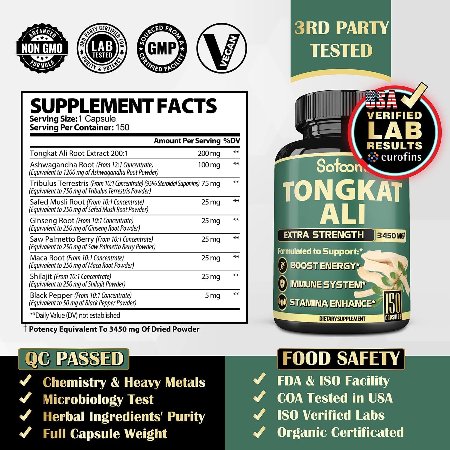 9In1 Tongkat Ali Root Extract 200:1. Equivalent to 3450Mg - Support Strength, Energy and Healthy Immune - 150 Capsules - 5 Month Supply