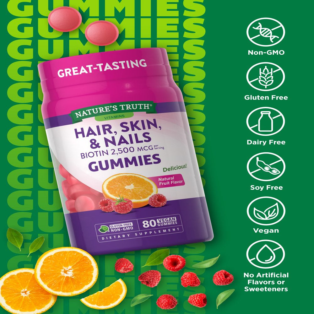 Hair Skin and Nails Gummies | 80 Count | 2500Mcg of Biotin | Vegan, Non-Gmo, Gluten Free Supplement | Vitamin for Women & Men | by Nature'S Truth