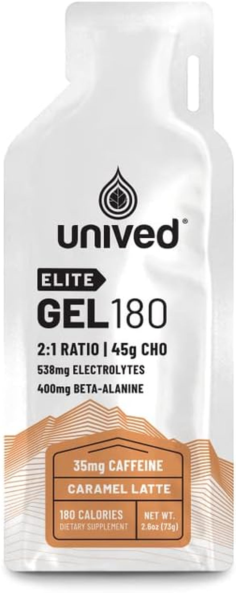 Unived Elite Gel 180-2:1 Ratio of Simple & Complex Carbs with Beta Alanine & Essential Electrolytes - for Endurance Athletes Runners & Cyclists -180Kcal - Caramel Latte - 35Mg Caffeine - Pack of 6