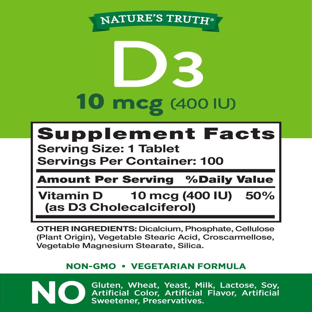 Vitamin D3 400 Iu (10 Mcg) | 100 Tablets | Vegetarian, Non-Gmo, Gluten Free | by Nature'S Truth