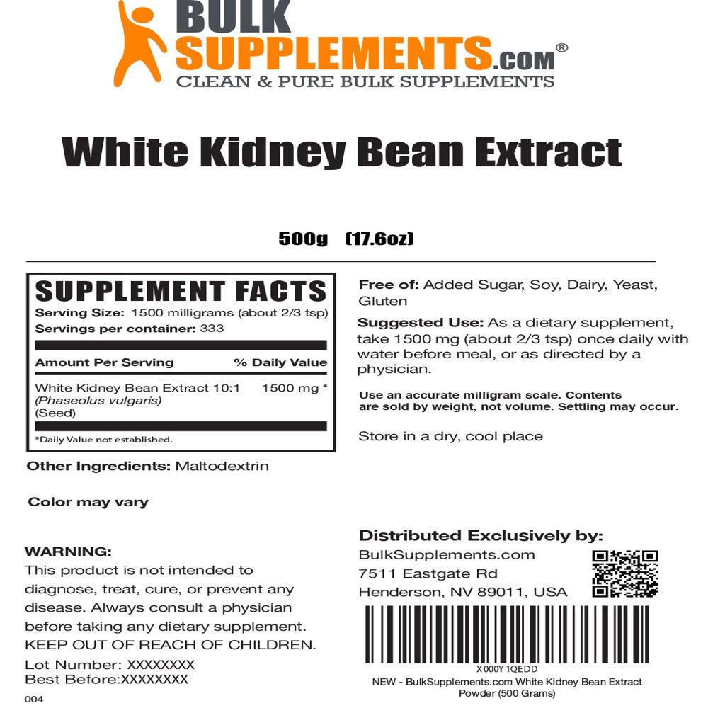 Bulksupplements.Com White Kidney Bean Extract - Hunger Suppressant for Men - Sugar Blocker - Lean Bean - Carb Blocker (500 Grams - 1.1 Lbs)