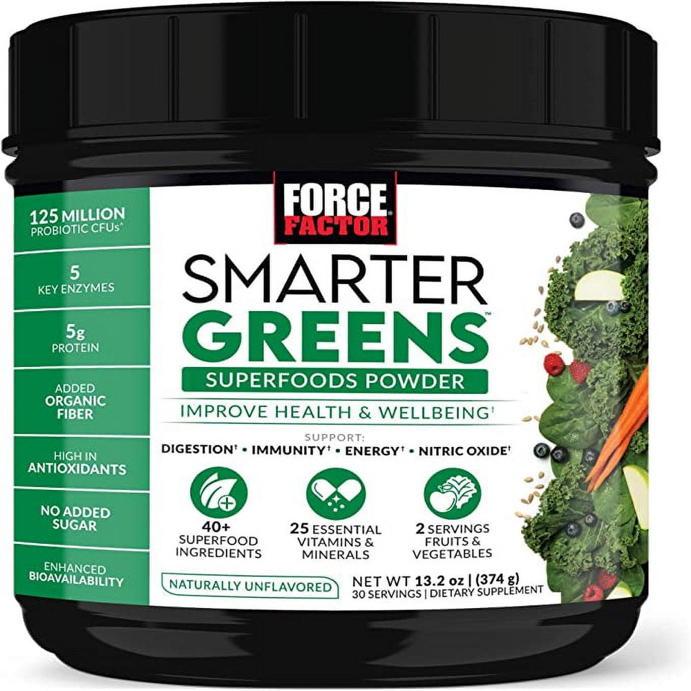 Smarter Greens Superfoods Powder, Greens Powder with Probiotics, Digestive Enzymes, Antioxidants, and Fiber, Superfood Powder to Support Digestion, Immunity, and Energy, Force Factor, 30 Servings