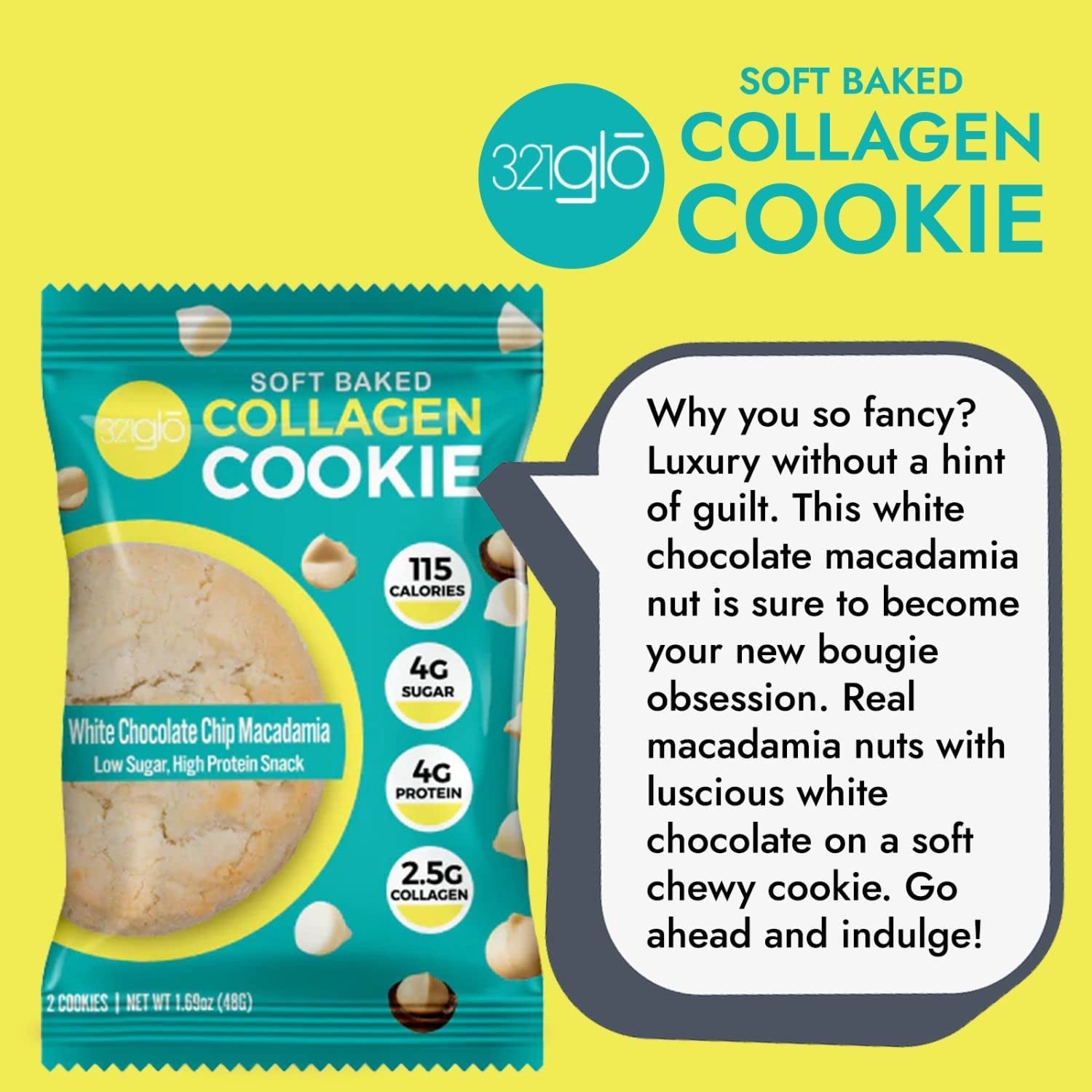 321Glo Collagen Cookies | Soft Baked, High Protein Cookies | Low Carb, Low Sugar | Keto Snack for Women, Men, & Kids | 12 Pack (White Chocolate Macadamia, 12 Pack)