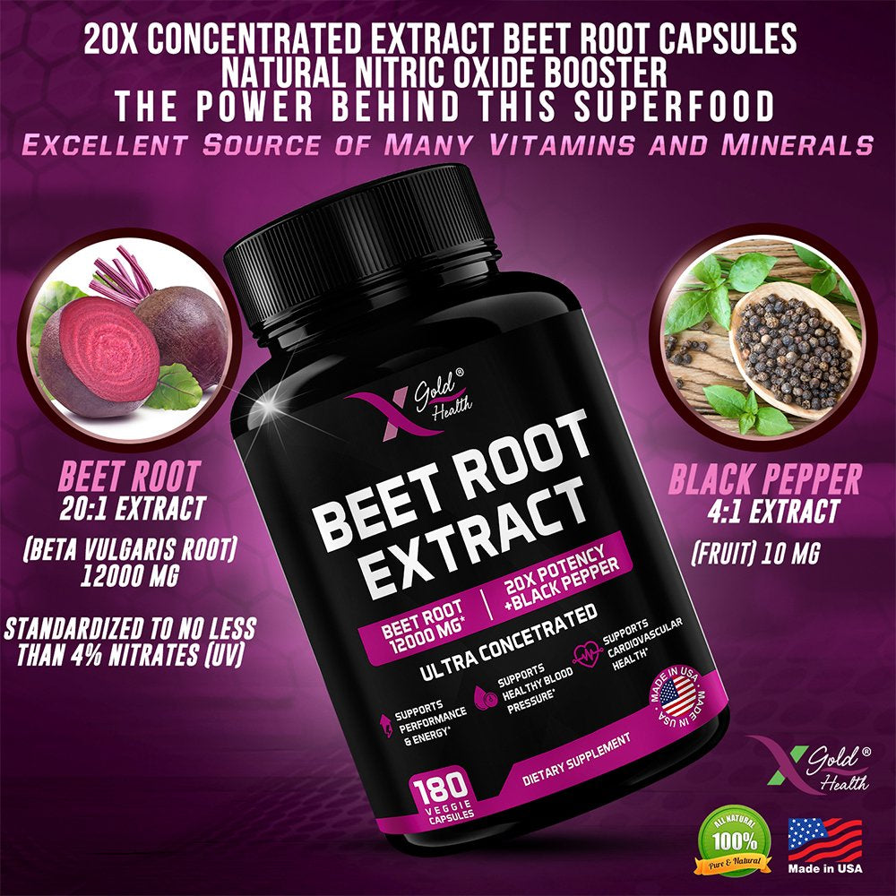 12000Mg 20X Concentrated Extract Beet Root - Natural Nitric Oxide Booster - Highly Concentrated and Highly Bioavailable - W/Black Pepper 180 Veggie Caps