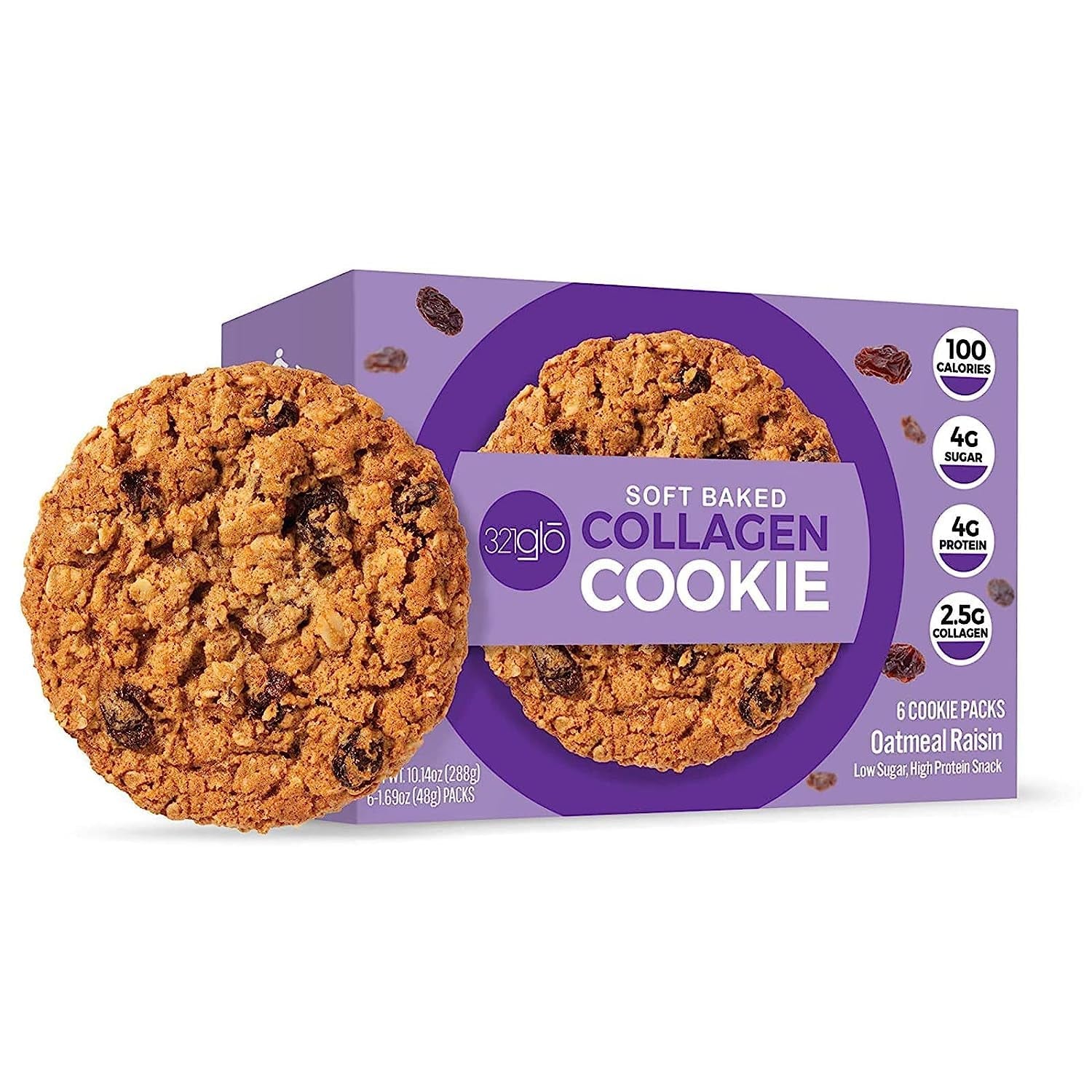 321Glo Collagen Cookies | Soft Baked, High Protein Cookies | Low Carb, Low Sugar | Keto Snack for Women, Men, & Kids | 6 Pack (Oatmeal Raisin)