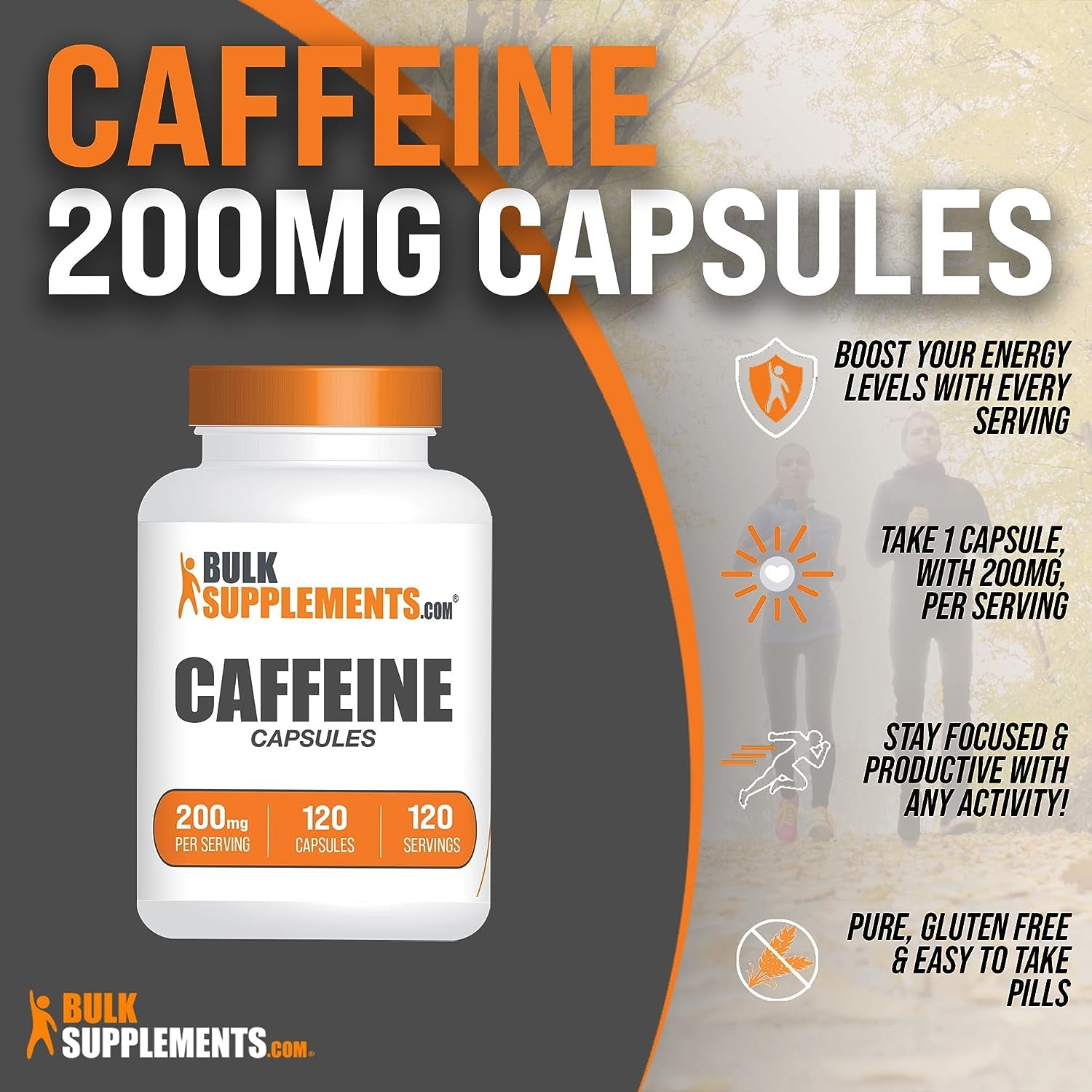 Bulksupplements.Com Caffeine Capsules - Caffeine Supplements, Caffeine Pills 200Mg - Caffeine Capsule, Stay Awake Caffeine Pills - 1 Capsule per Servings, 120-Day Supply, 120 Capsules