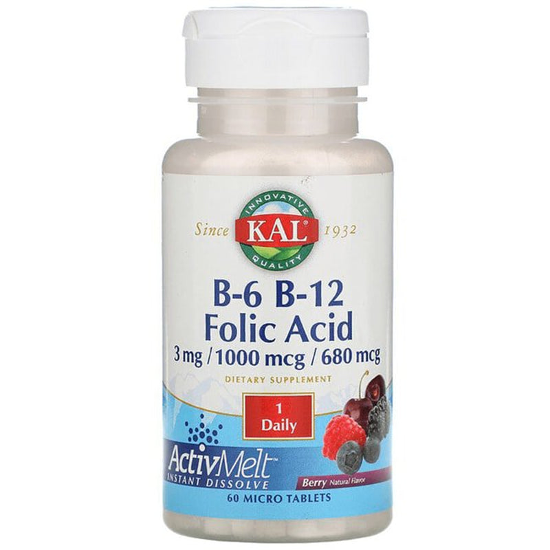 KAL B-6, B-12, and Folic Acid Activmelt | Healthy Heart & Energy Support | Natural Berry Flavor | Superior Vitamin B Complex | 60 Micro Tablets