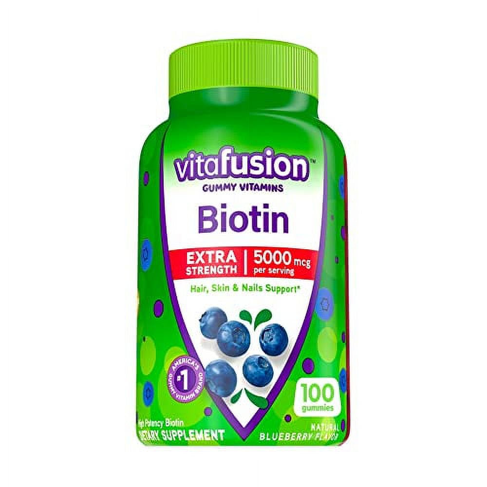 Vitafusion Extra Strength Biotin Gummy Vitamins, Blueberry Flavored Biotin Vitamins for Hair, Skin and Nails, 100 Count