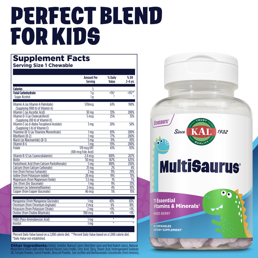 KAL Kids Multisaurus Vitamins & Minerals | Mixed Berry Flavor | Childrens Once Daily Multivitamin | 60 Chewables