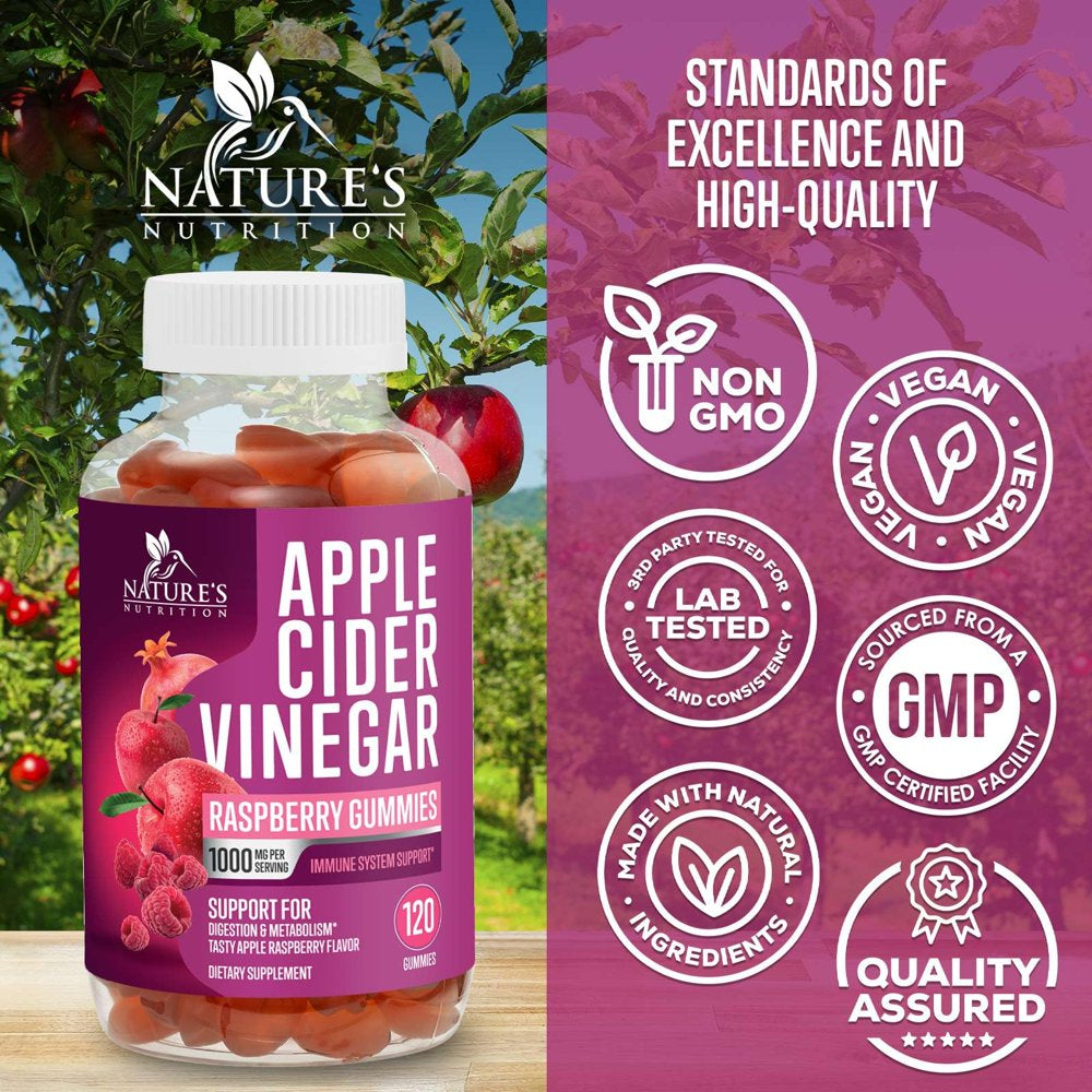 Vegan Apple Cider Vinegar Gummies 1000Mg for Detox and Cleanse, Nature'S ACV Gummy Vitamins B12 Supplement for Digestion, Natural Apple Raspberry Flavor, Non-Gmo, Gluten Free for Adults - 120 Gummies