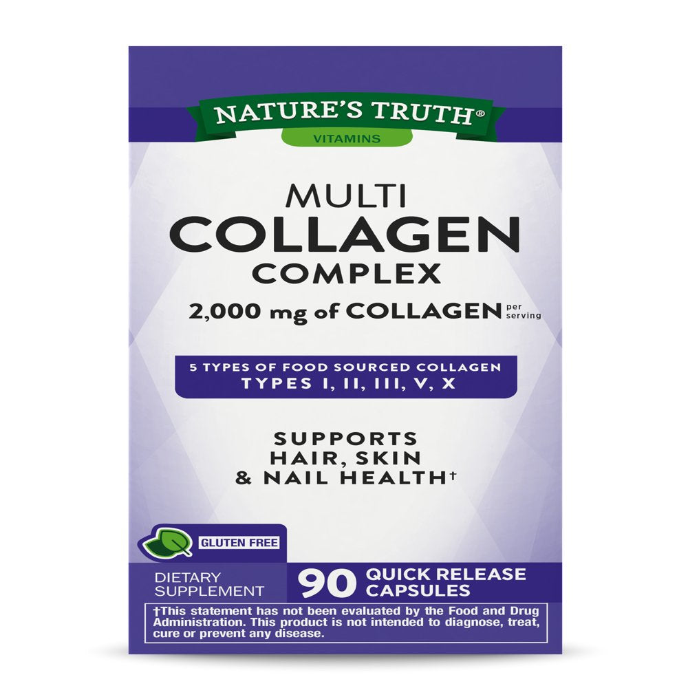 Multi Collagen Protein Capsules | 90 Count | Type I, II, III, V, X | Collagen Peptide Pills | Gluten Free Supplement | by Nature'S Truth