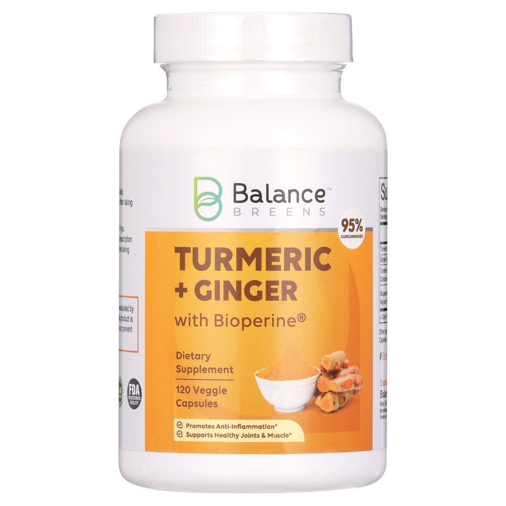 Turmeric Curcumin Ginger 95% Curcuminoids 1950Mg with Black Pepper, 120 Vegan Capsules - Bioperine for Best Absorption - Inflammatory Support and Brain Health - Turmeric Capsules by Balance Breens