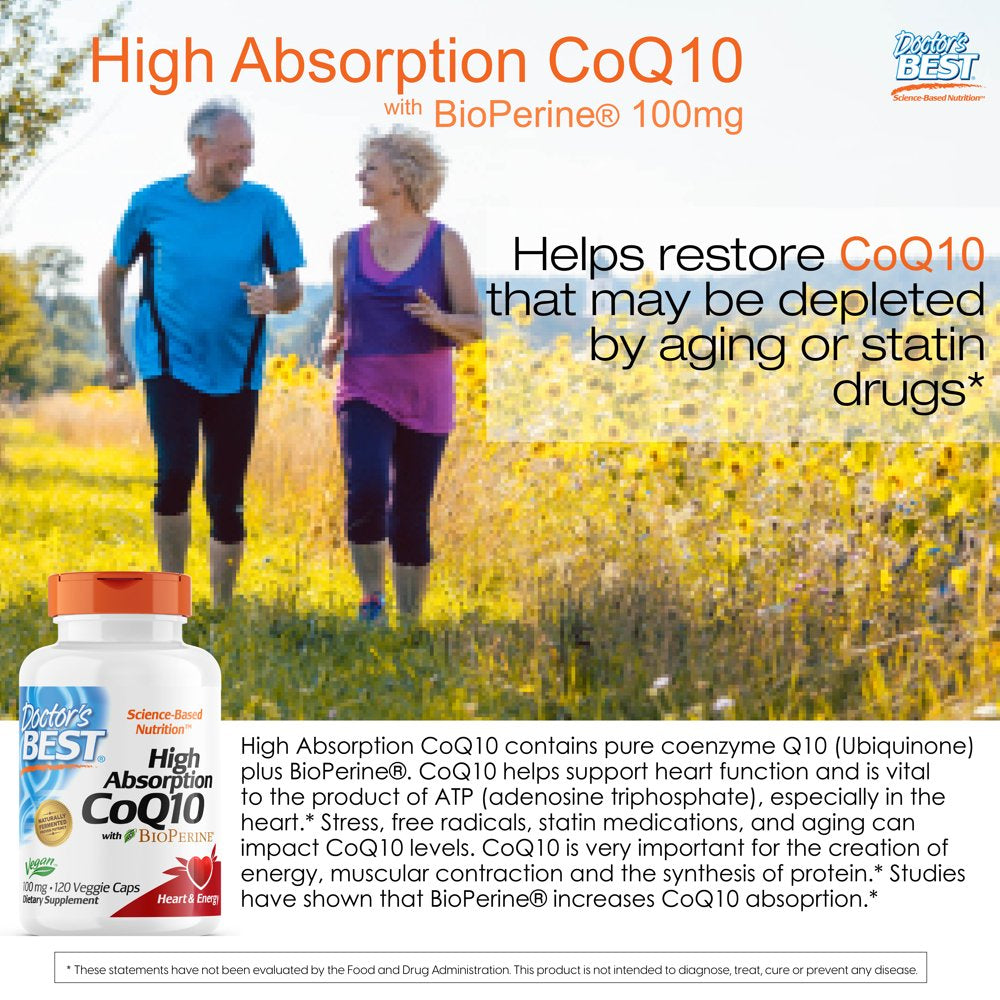 Doctor'S Best High Absorption Coq10 with Bioperine, Non-Gmo, Gluten Free, Soy Free, Vegan, Naturally Fermented, Heart Health, Energy Production,100 Mg 120 Veggie Caps