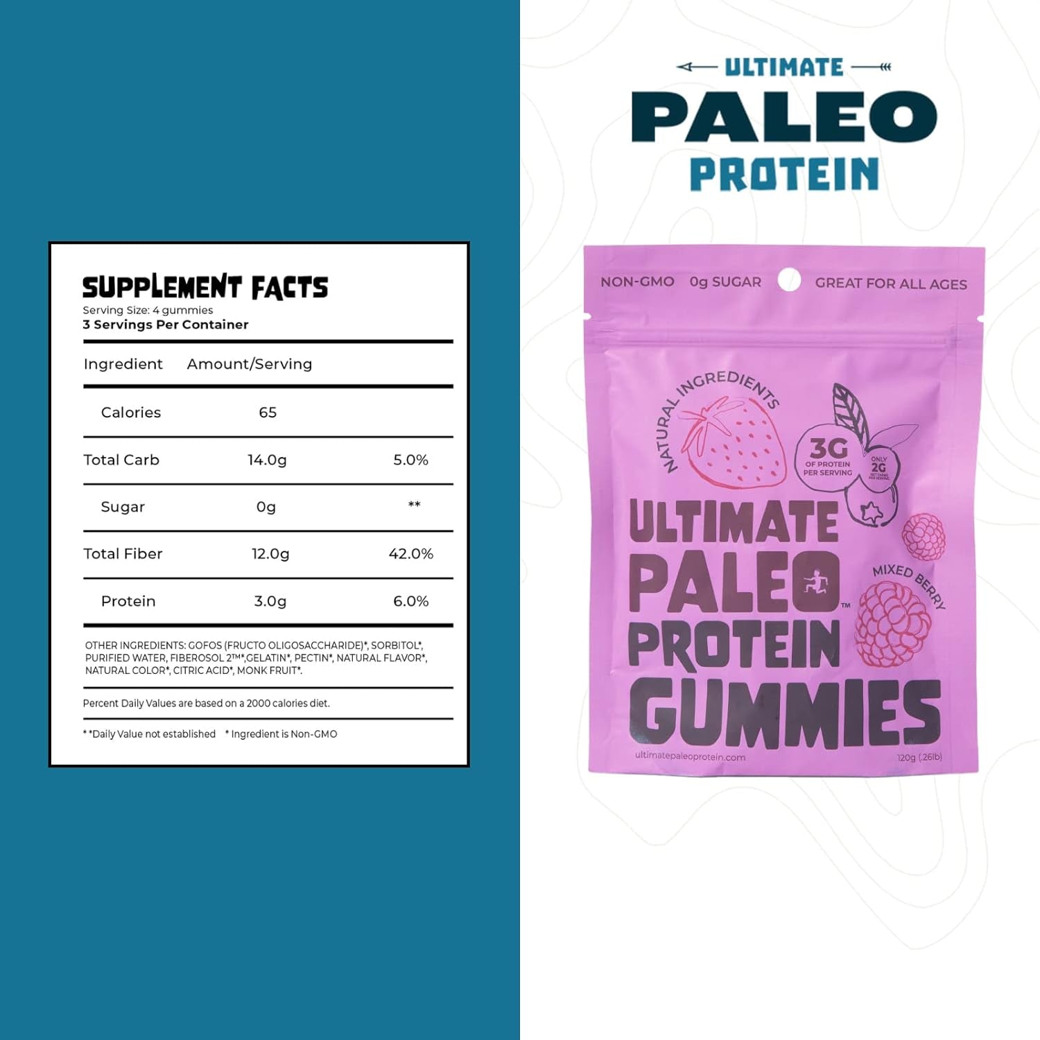 Ultimate Paleo Protein Gummies | Mixed Berry Flavored Gummy Chews | Complete Protein, Zero Added Sugar, Great Source of Prebiotics and Fiber, No Dairy, No Gluten, Non-Gmo, Keto Friendly | 4 Servings