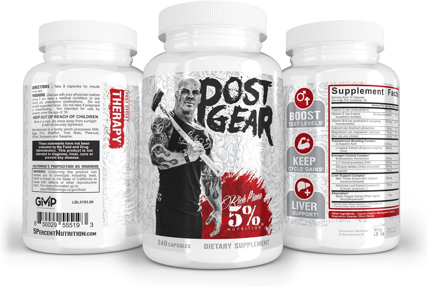 5% Nutrition Rich Piana Post Gear PCT Support Booster | Estrogen Blocker, Aromatase Inhibitor | Post Cycle Therapy Supplement | DAA, DIM, Longjack, Stinging Nettle, Milk Thistle, 240 Capsules