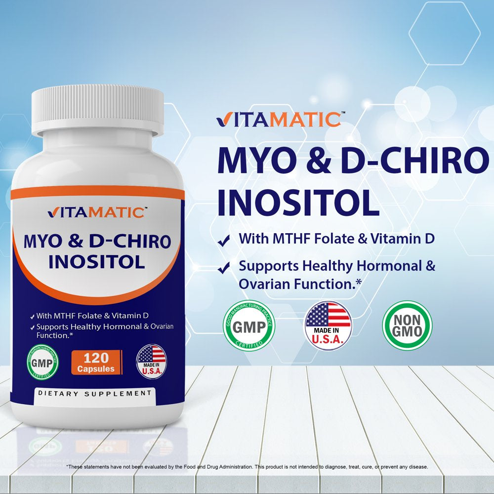 Vitamatic Myo-Inositol and D-Chiro Inositol plus Folate and Vitamin D, 2000Mg 120 Capsules Myo Inositol D Chiro Inositol Folate