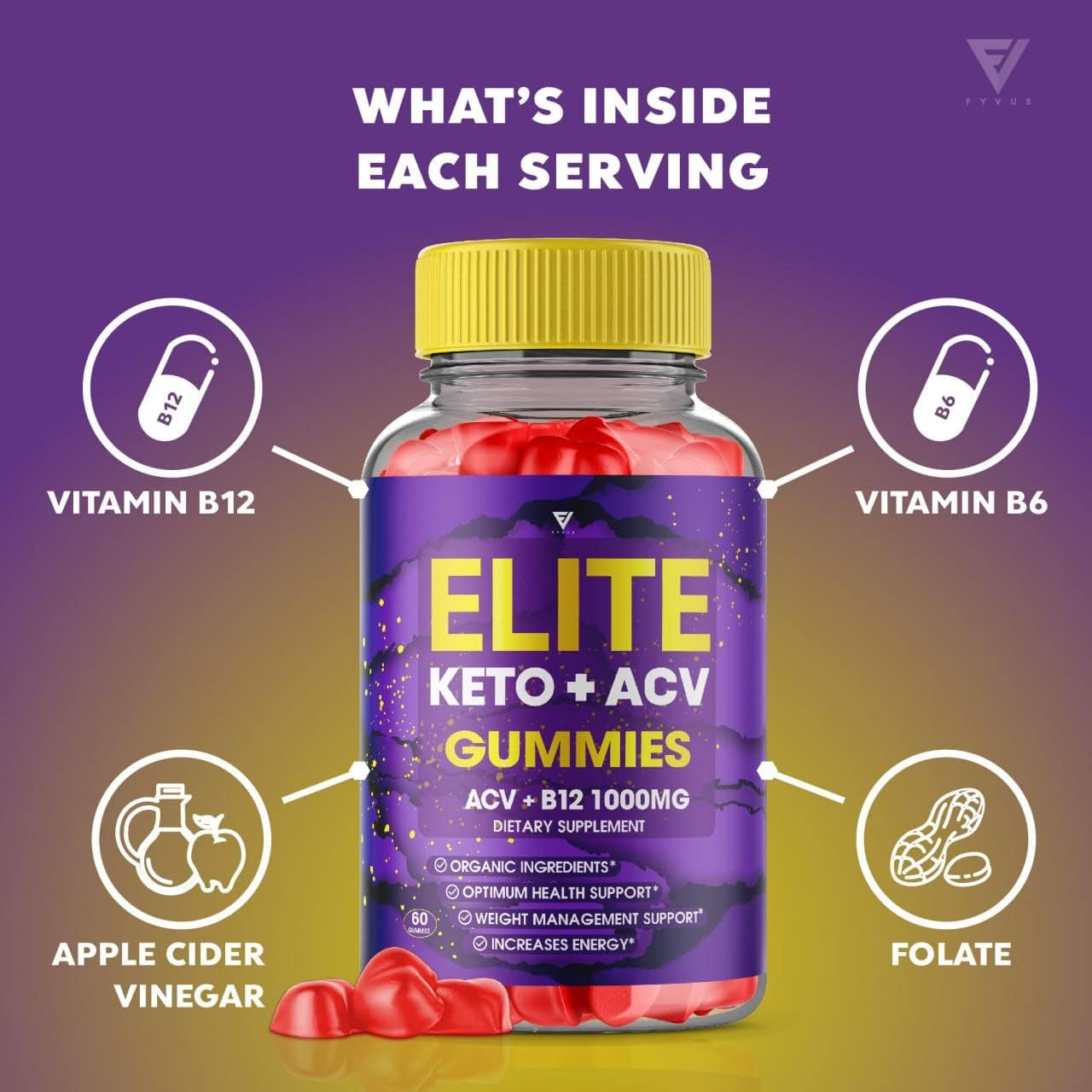 Elite Keto ACV Gummies AVC, Elite Keto plus ACV Advanced Weight Loss Gummies, Eliteketo Keto+Acv Apple Cider Vinegar Supplement Diet Works Fast Appetite Rapido (60 Gummies)