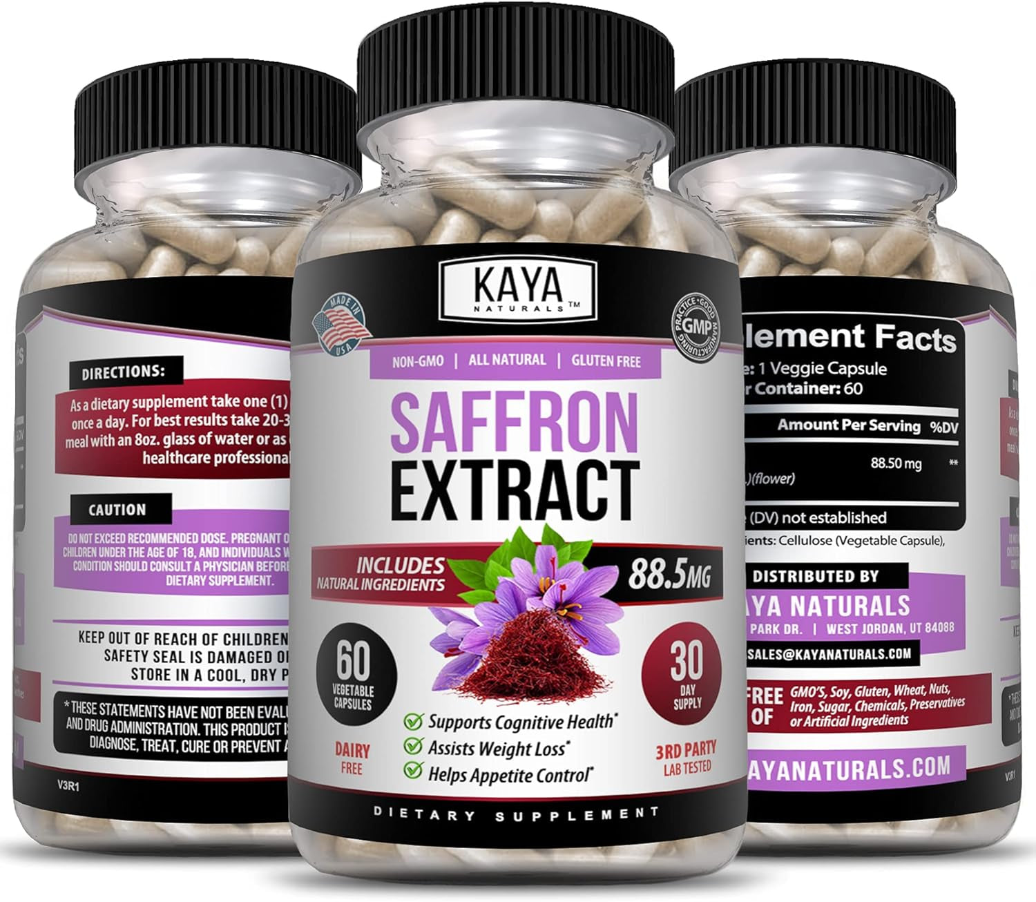 Kaya Naturals Saffron Supplement Capsule - 100% Pure Saffron Extract with Natural Ingredients | Boost Energy & Mood, Support Eye & Heart Health, 60 Count