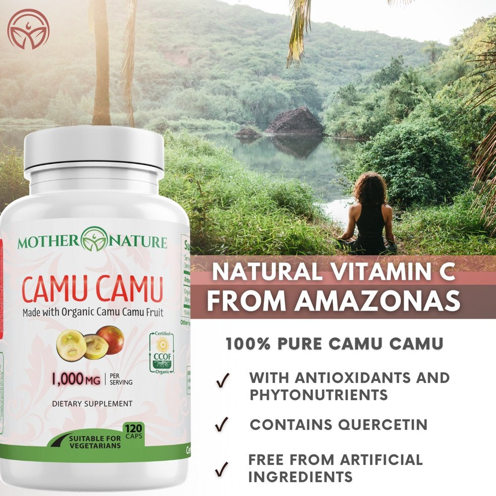 Organic Vitamin C Camu Camu Capsules 1,000Mg, Packed with Natural VIT C, Raw Antioxidants - Immune Support Supplement & Anti-Aging for Skin - Camu Camu Powder Organic, Vegan, Non-Gmo (120 Count)