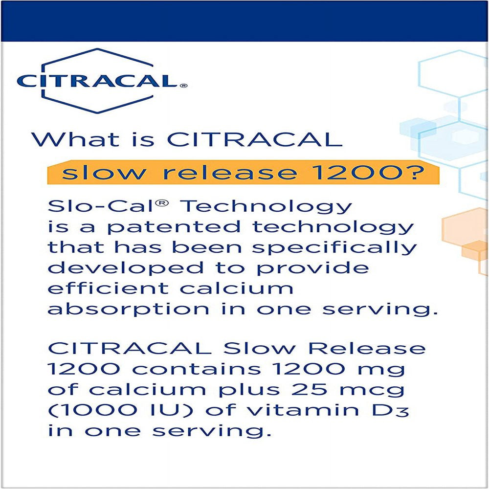 Citracal Slow Release 1200, 1200 Mg Calcium Citrate and Calcium Carbonate Blend with 1000 IU Vitamin D3, Bone Health Supplement for Adults, Once Daily Caplets, 80 Count