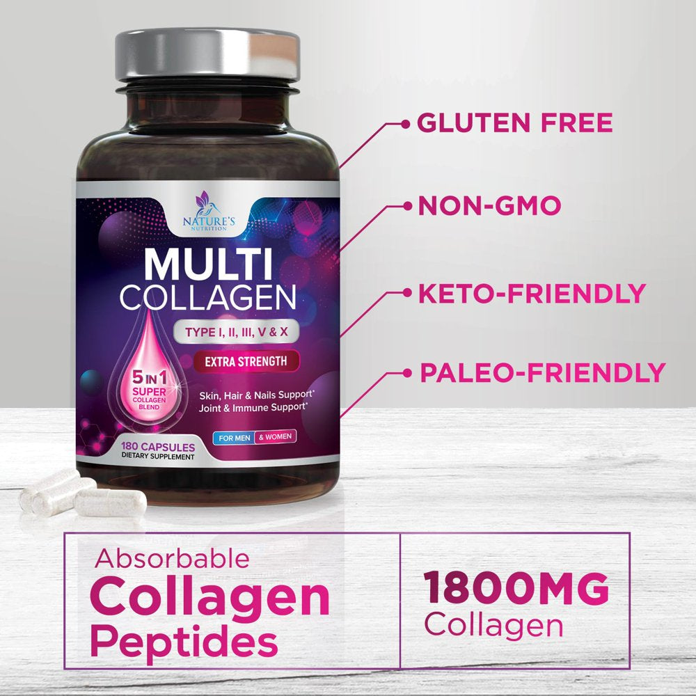 Multi Collagen Complex Pills - Type I, II, III, V, X, Grass Fed & Non-Gmo Hydrolyzed Collagen Peptides Supplement - Supports Hair, Nails, Skin & Joint Health, Gluten-Free, Paleo & Keto - 180 Capsules